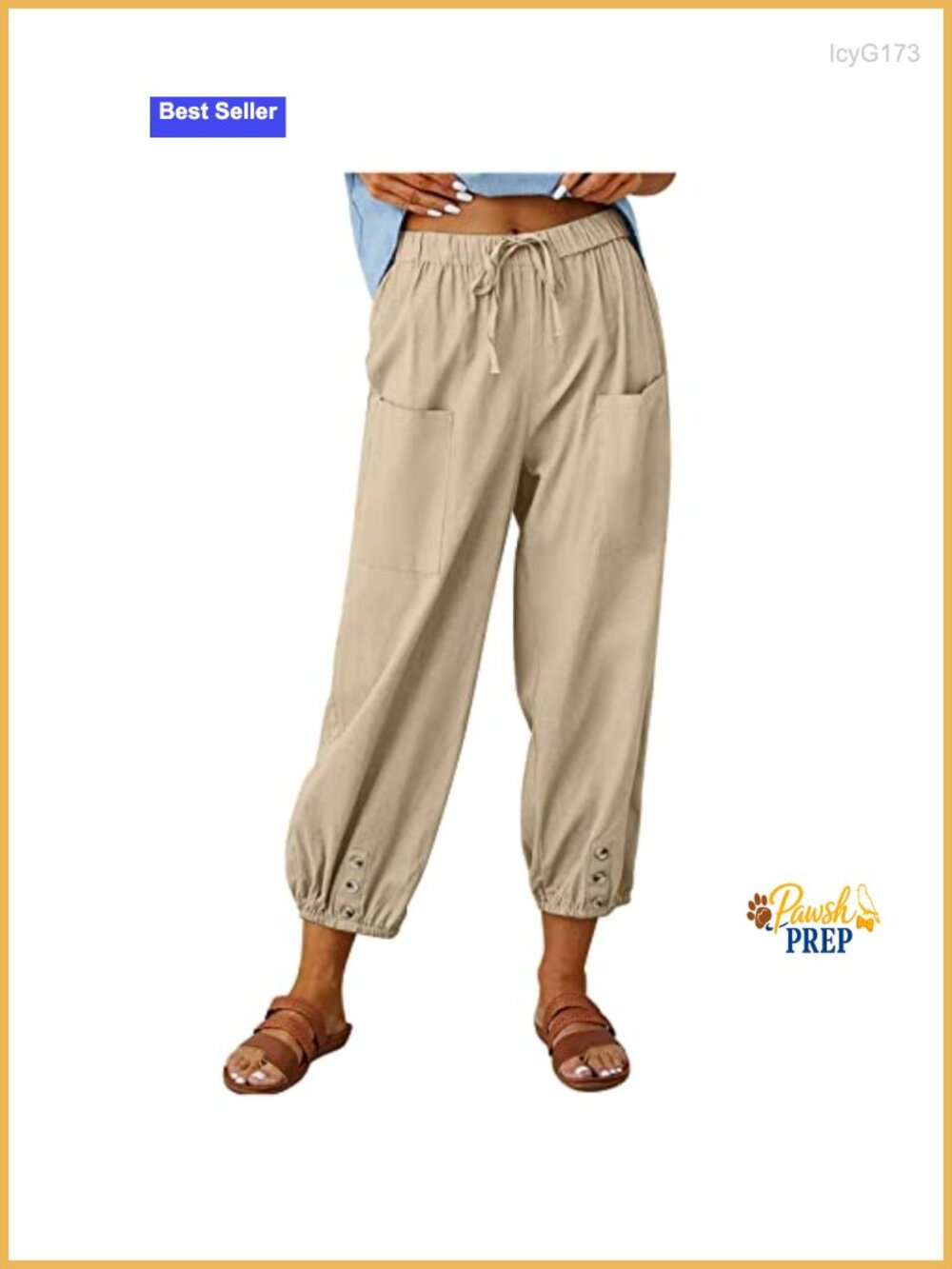 High Waist Drawstring Cinch Bottom Capri Pants with Pockets Cotton